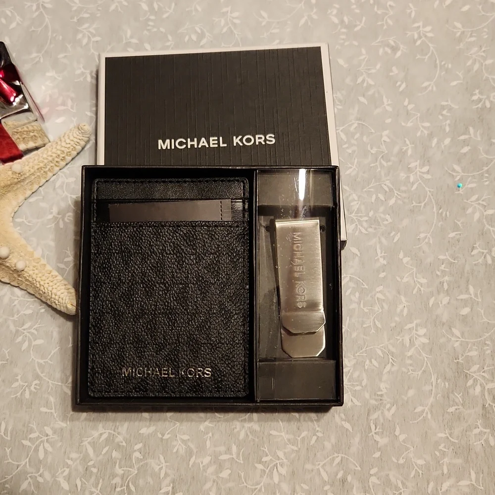 Men's Black Michael Kors Card Holder& Money Clip In Box